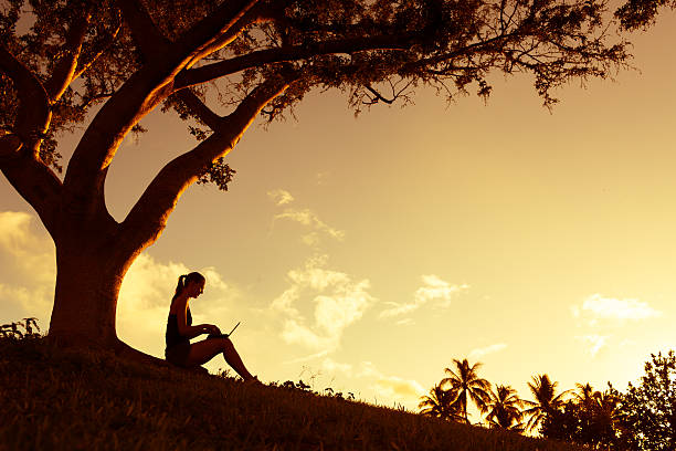 Woman reading in the park under a tree.